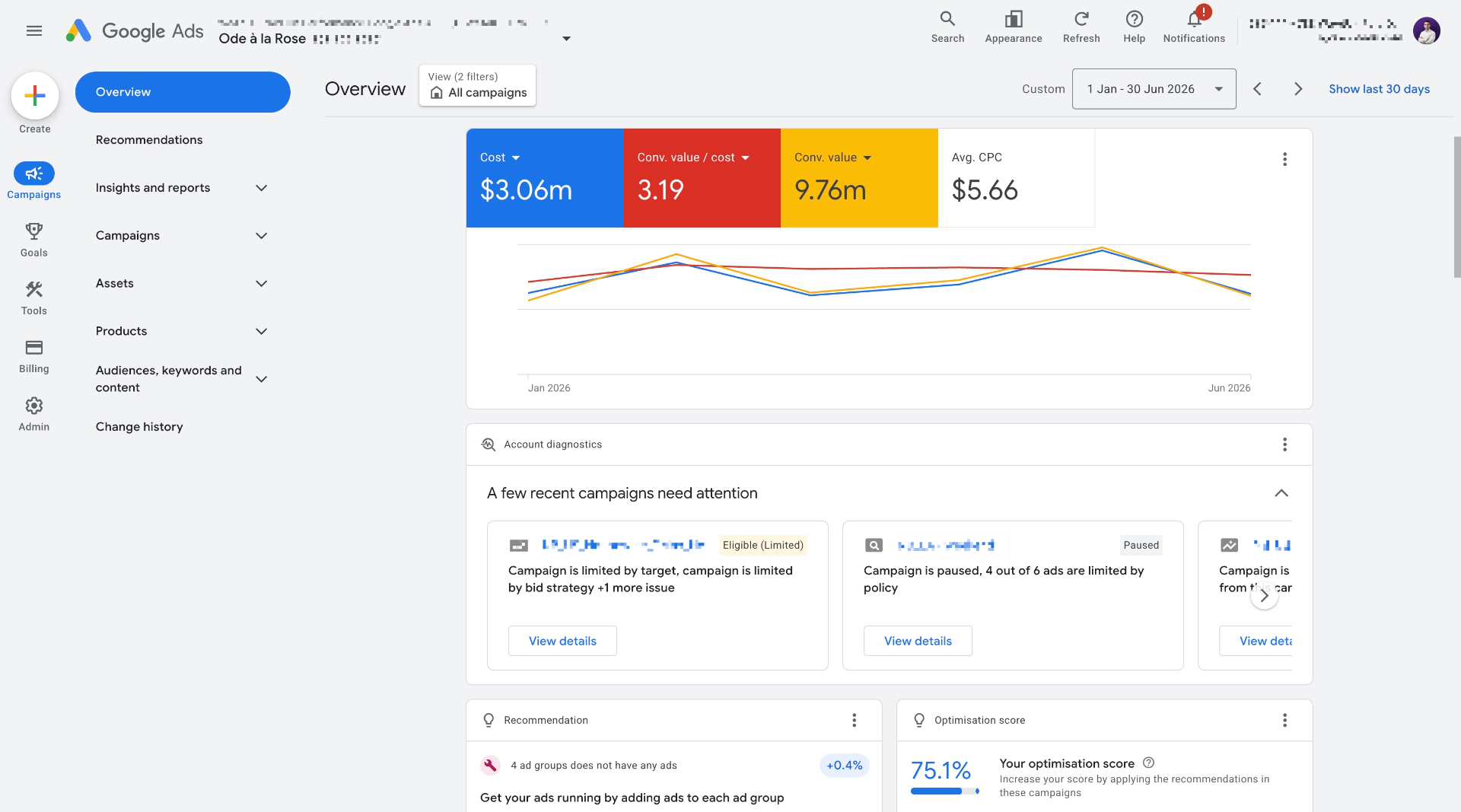 Ode à la Rose Google Ads dashboard